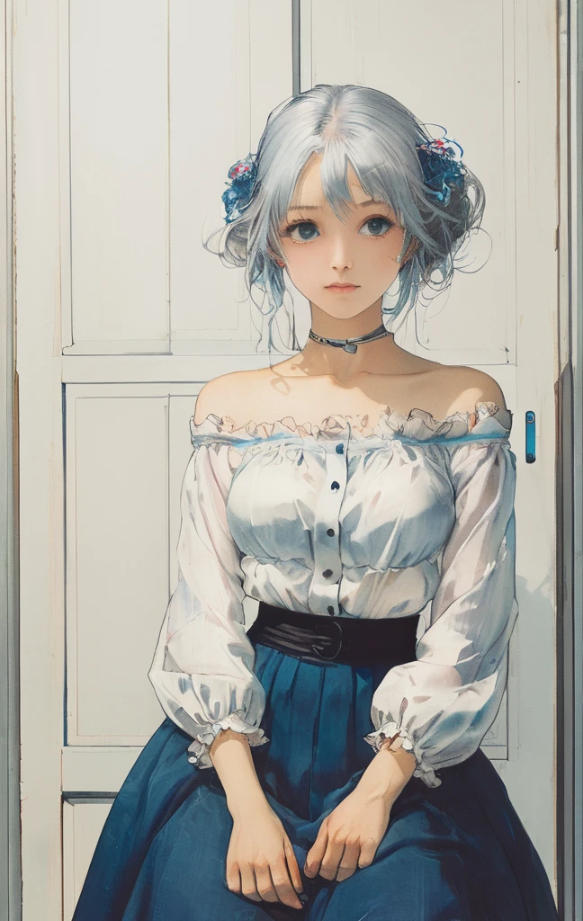  woman，Silver Hair，blue eyes，Odd colored tights，Crop shirt，Off the shoulder，white，art， anime，figure