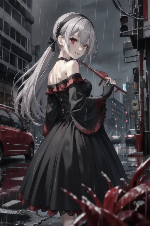 (吸Blood鬼:1.3), (tooth:1.3), Urban, city, car, at night, exposed for a long time, bustling city, signal machine, carのライト, rain, raining, puddle, Blood, Bloodrain, Blood rains from the sky, One girl, Gray Hair, Red eyes, Shoulder-length hair, Both sides up, From behind, View your viewers, Open your mouth, Grin, Raise your eyebrows, Eyes Wide Open, Gothic Dress, (Off the shoulder:1.3), hair band, gloves, Holding, Holding fan, Shine,