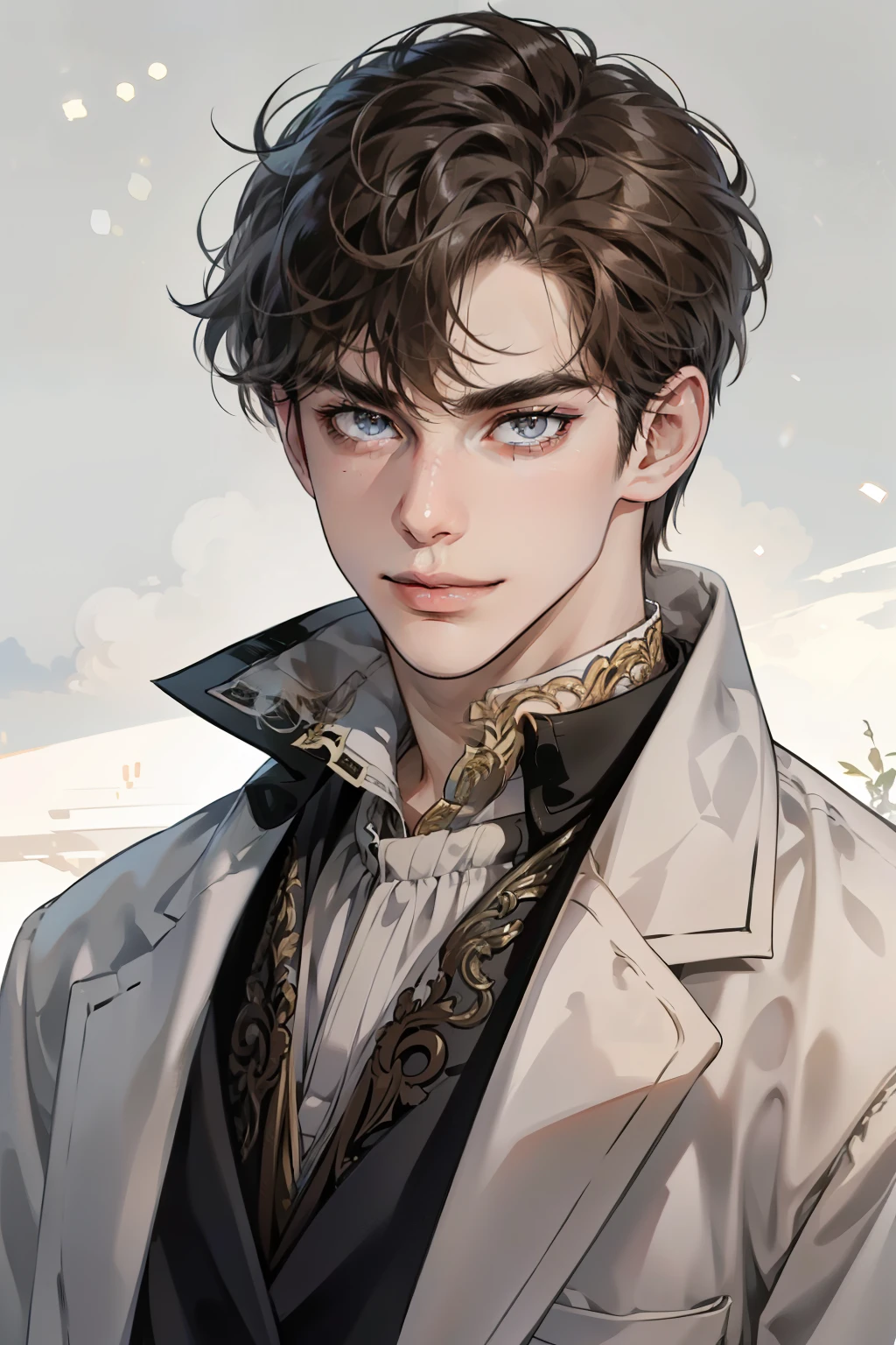 masterpiece, best quality, realistic, 1man, mature male, quiet and charming young man, 25 year old, a smirk, closed mouth, portrait, extremely detailed face, cold smile, ((dark grey eyes)), ((short-right-swept dark brown hair)), [thick eyebrows], ((suit)), handsome, distant shot, western, Jewish, light brown skin
