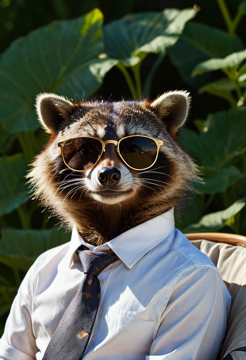 a raccoon consultant is sitting in the garden sunbathing, his tie is loosened and two shirt buttons are open. He is wearing very stylish ray-ban sunglasses witha gold frame.