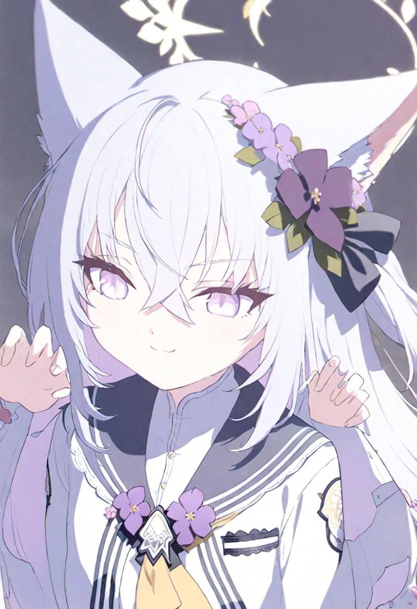 azusa \(blue archive\),AddXL, 1girl animal_ear_fluff animal_ears blush cat_ears crossed_bangs flower grey_background hair_between_eyes hair_flower hair_ornament halo hands_up kemonomimi_mode long_hair long_sleeves paw_pose portrait purple_eyes sailor_collar shirt sidelocks simple_background solo twitter_username white_hair white_shirt smile