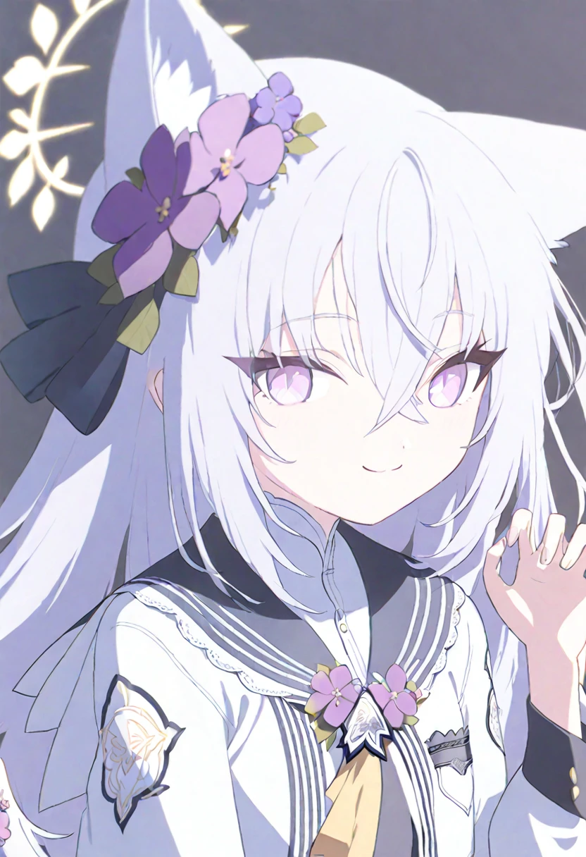 azusa \(blue archive\),AddXL, 1girl animal_ear_fluff animal_ears blush cat_ears crossed_bangs flower grey_background hair_between_eyes hair_flower hair_ornament halo hands_up kemonomimi_mode long_hair long_sleeves paw_pose portrait purple_eyes sailor_collar shirt sidelocks simple_background solo twitter_username white_hair white_shirt smile