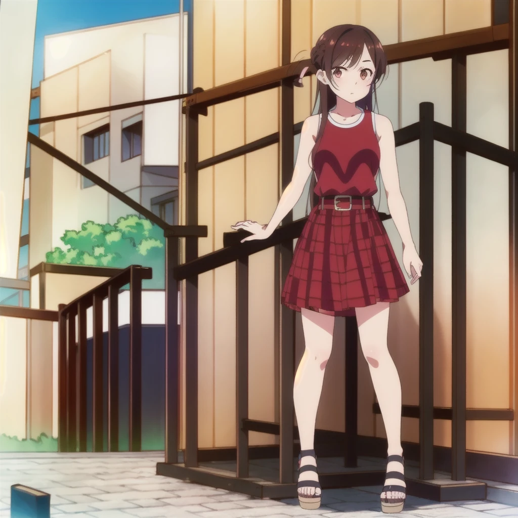 masterpiece,highres,high quality,extremely detailed,solo,
looking at viewer,
ChizuruMizuhara,1girl,
half updo,long hair,
sleeveless red shirt,
belt,high-waist checkered skirt,
platform sandals,