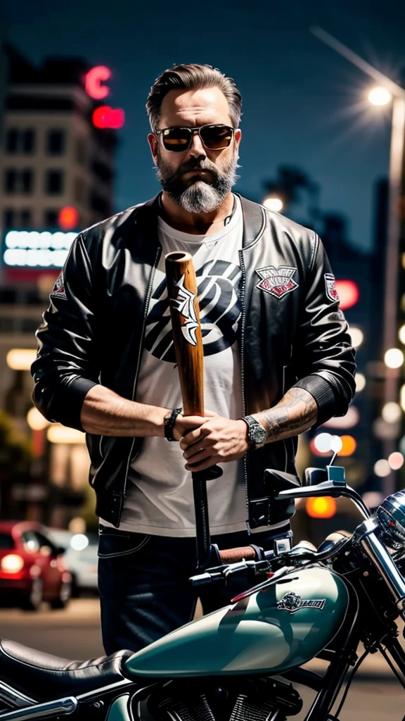 middle-aged man, middle-lenght dark hair, has beard, wearing a jacket of a motorcycle gang, holding a baseball bat, a chopper model motorcycle on the background, it is night time, ultra realistic, best quality