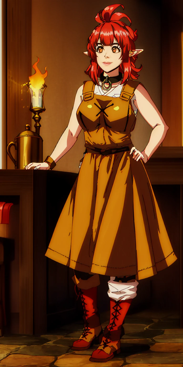 Concept: A medieval fantasy bar scene with a confident female innkeeper. Setting: Style: Medieval fantasy tavern Lighting: Warm, flickering candlelight with a touch of firelight in the background Details: Rough-hewn wooden beams, worn stone floor, shelves stocked with tankards and bottles, a large fireplace Characters: Main character: A strong, middle-aged woman with fiery red hair braided back. She wears a sturdy leather jerkin and a worn apron, exuding a sense of seasoned experience. Optional extra: A few patrons in the background, a mix of fantasy races like humans, elves, or dwarves. Action: The innkeeper holds a large, overflowing mug of ale, a hint of a smile playing on her lips. (Optional) She leans on the bar, one hand on the mug, the other resting on her hip. Mood: Welcoming, lively, a place for weary travelers and adventurers to relax and share stories. This breakdown provides a clear structure for your image generation. You can further refine it by specifying details like: Hair color/style for the innkeeper (fiery red in braids) Race of the patrons (a human bard, or warrior) Specific ale (a dark, rich stout) Overall color palette (warm browns, golden highlights)