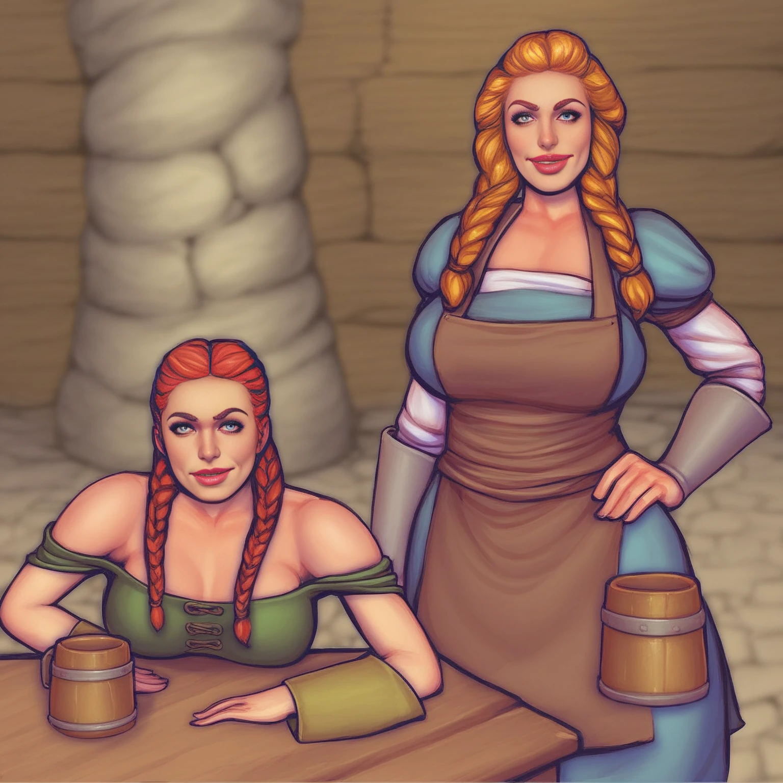 Concept: A medieval fantasy bar scene with a confident female innkeeper. Setting: Style: Medieval fantasy tavern Lighting: Warm, flickering candlelight with a touch of firelight in the background Details: Rough-hewn wooden beams, worn stone floor, shelves stocked with tankards and bottles, a large fireplace Characters: Main character: A strong, middle-aged woman with fiery red hair braided back. She wears a sturdy leather jerkin and a worn apron, exuding a sense of seasoned experience. Optional extra: A few patrons in the background, a mix of fantasy races like humans, elves, or dwarves. Action: The innkeeper holds a large, overflowing mug of ale, a hint of a smile playing on her lips. (Optional) She leans on the bar, one hand on the mug, the other resting on her hip. Mood: Welcoming, lively, a place for weary travelers and adventurers to relax and share stories. This breakdown provides a clear structure for your image generation. You can further refine it by specifying details like: Hair color/style for the innkeeper (fiery red in braids) Race of the patrons (a human bard, or warrior) Specific ale (a dark, rich stout) Overall color palette (warm browns, golden highlights)