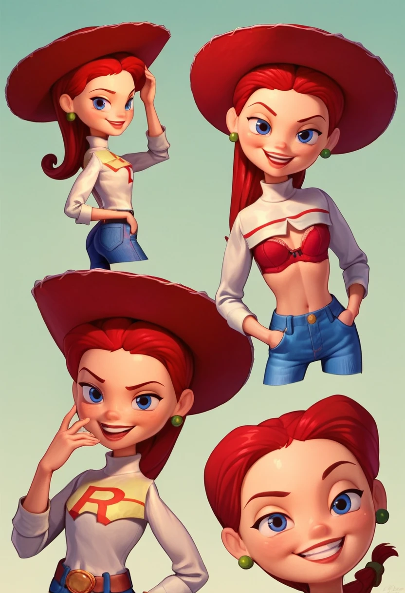 jessie, Toy Story, Red hair, cowgirl hat, Hand in pocket, tilt your head, ((Red bra)), cowboy shot, coxas nuas, ((short jeans curto)), 1 girl, alone, salient smile, gazing at viewer, whole body, poses photos, best qualityer, no flaws