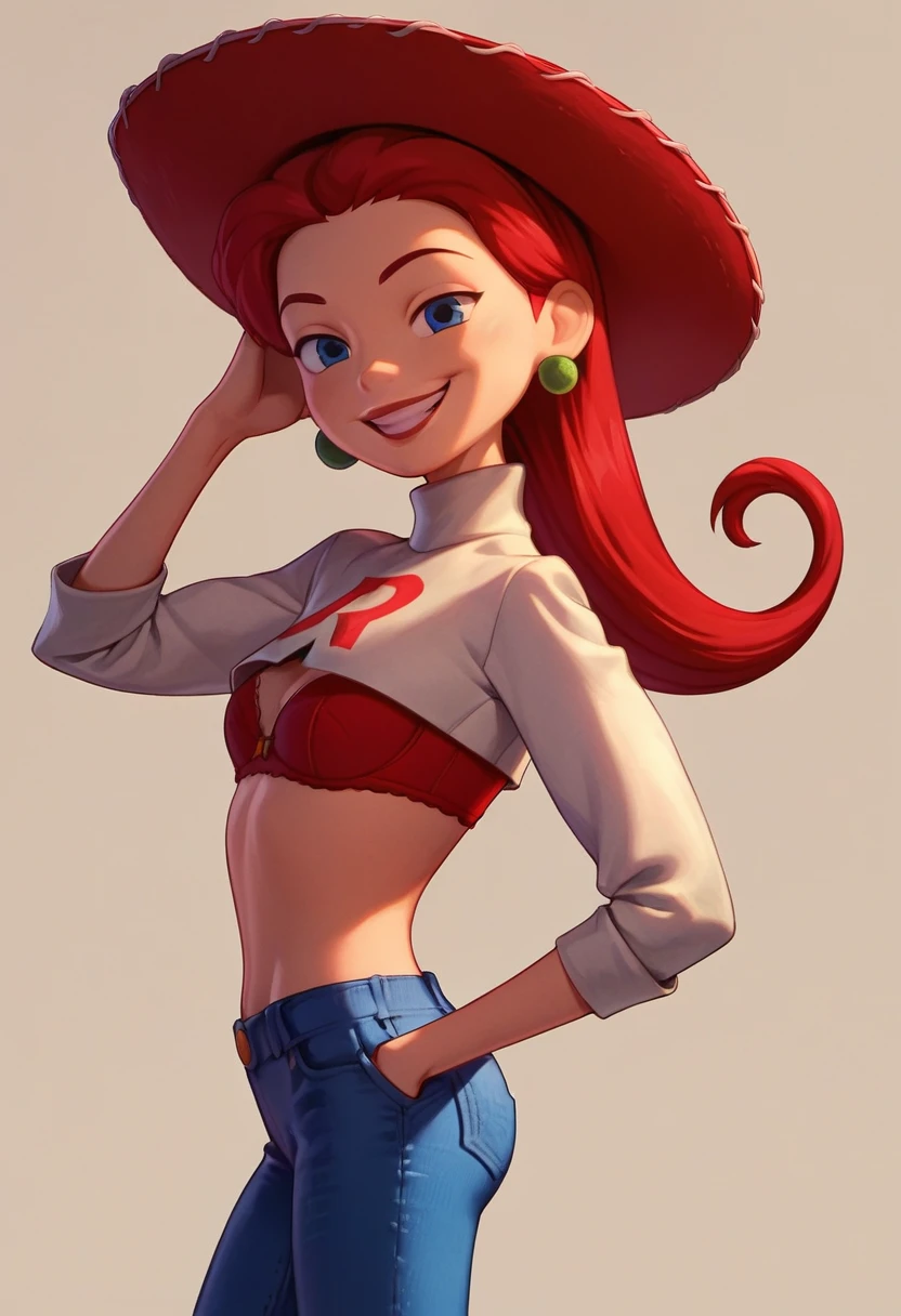 jessie, Toy Story, Red hair, cowgirl hat, Hand in pocket, tilt your head, ((Red bra)), cowboy shot, coxas nuas, ((short jeans curto)), 1 girl, alone, salient smile, gazing at viewer, whole body, poses photos, best qualityer, no flaws