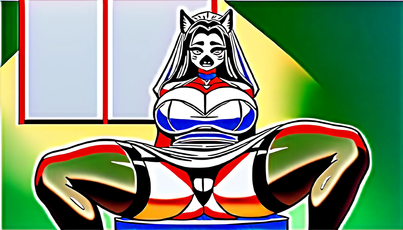 score_9, score_8_up, score_7_up, score_6_up, score_5_up, score_4_up, (solo), female anthro zebra, bride dress, lusty, fluffy body, black hair, turquoise eyes, (thick thighs:1.5)((( offering the breasts))) sex partial clothes, (((cleavage))) semi-butonned uniform niform, (barely_visible_booba) (she is sitting) , giant breasts, garter belt tights , front view, open legs (black panties)
