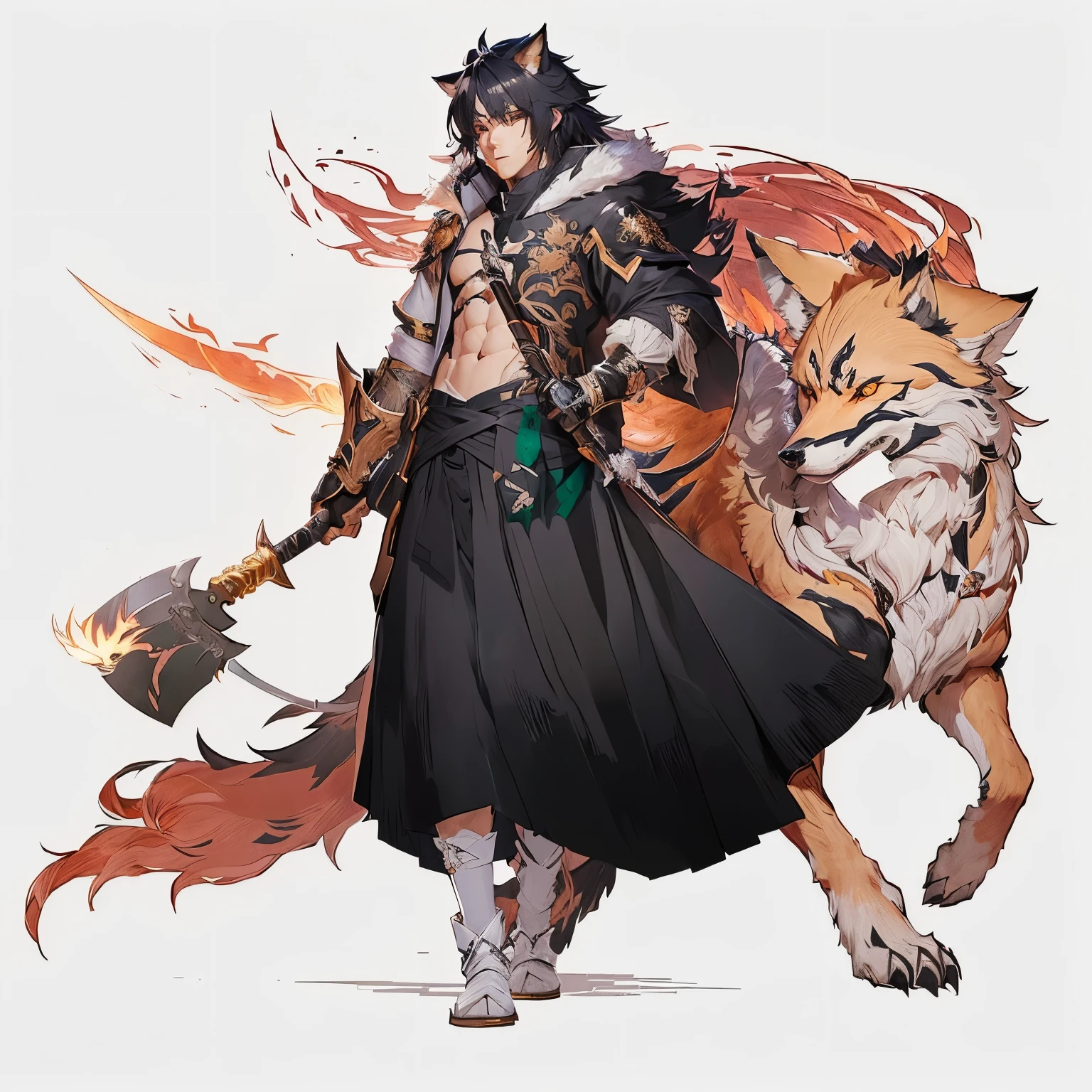 anime boy with ax and wolf, male anthropomorphic wolf, kitsune holding torch, detailed anime character art, detailed full-body concept, 由杨J, anime full body illustration, Demon slayer art style, stunning detailed art style, anime character; full - body art, great character design, fox and bush, anime character design, black fox wizard