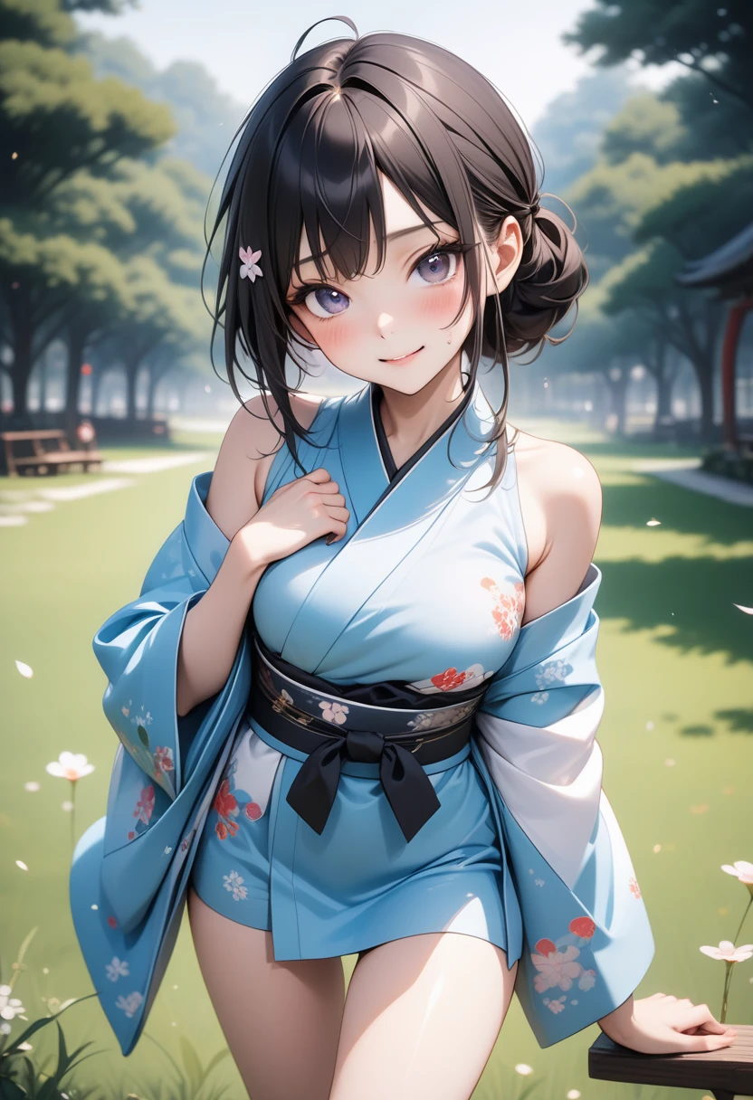 ((Ninja Girl)), (((kimono))), dark Outfit, ((skindentation)), skinny, solo, (1 sexy woman), Masterpiece, highest quality, highest quality, 16K, incredibly absurd, highly detailed, 2.5D, ai-generated, delicate and dynamic, very delicate facial expressions, delicate eye depiction, erotic, only sexy woman, ((A cute and kind face)), healthy figure, ((25-year-old woman)), 160cm tall, medium firm swaying bust, blush, Sweat,Embarrassed,sexy, ((thin thighs)), ((shiny and lustrous)), facing straight at viewer, smile, Large park, daytime, bright, on the grass,