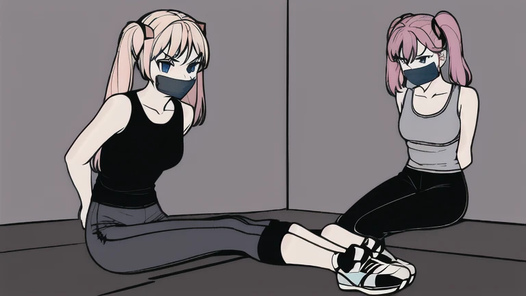 ((1 girls)), (twin tails)), ((simple_background)), ((concrete floor, concrete wall)), ((dark empty room)), tied hands, tied ankles, ((arms behind back)), ((scowl)), ((sitting on the knees)), ((mouth close)), ((mouth gagged)), ((tape gag)), ((helpless)), ((calm)), (tank top armor, tights pants, long black pants, sports shoes).