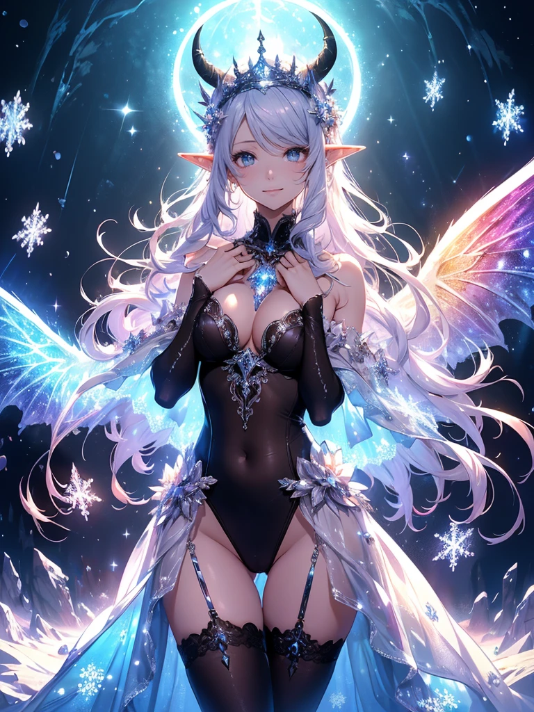 最high quality、最high quality、1 woman elf、Succubus、Stand against a wall(( up shot ))((full body stocking))'((see-through body stocking))、Lots of giant snowflakes、Beautiful eyes、tears、Raise your arms behind your head、Beautiful decoration、、Ice tiara、Beautiful galactic light、A world made of ice、最high quality , Fractal Art.Ice Throne、ice World、Bikini、beautiful big ass、 ((Laugh beautifully、))((Glowing ice ))、Beautiful face、Beautifully decorated stockings、Devil's World、Ice crystals、Crystal of snow、Ice wall、ice World、Bigger on the front、 Beautiful shine,High-definition depiction, Realistic, 8K, Unity, Beautiful thighs,,Giant Devil's Wings、Rainbow-colored wings、、 light smile, Beautifully and vividly drawn, , beautiful beautiful透き通る肌、The magic of shining beautiful decoration、Giant horns、 demon king、、Beautiful decorationの角、 , beautiful、 Romanticism,mosquito。 The most beautiful form of chaos, Mr..々 Intertwined flowers, P article,Magical gentle light,smile,,image quality、masterpiece、Beautiful face、Super beautiful elf woman((Big breasted 22 year old office lady、Bust 120,Beautiful long ironed hair、Silver Hair、height: 165cm。、Esbian、、high quality、、Visual Arts、最high quality、1 woman elf NP: Worst quality ,beautiful Fractal Art 、、、light、Beautiful radiance,High-definition depiction, Realistic, 8K, Unity, , light smile, Beautifully and vividly drawn, , Beautiful, beautiful, clear skin、 Countless rays of light pouring down, Swirling Light, big background, , Intense light is emitted from the magic circle in front of the girl. Romanticism,Cowboy Shot: 最high quality