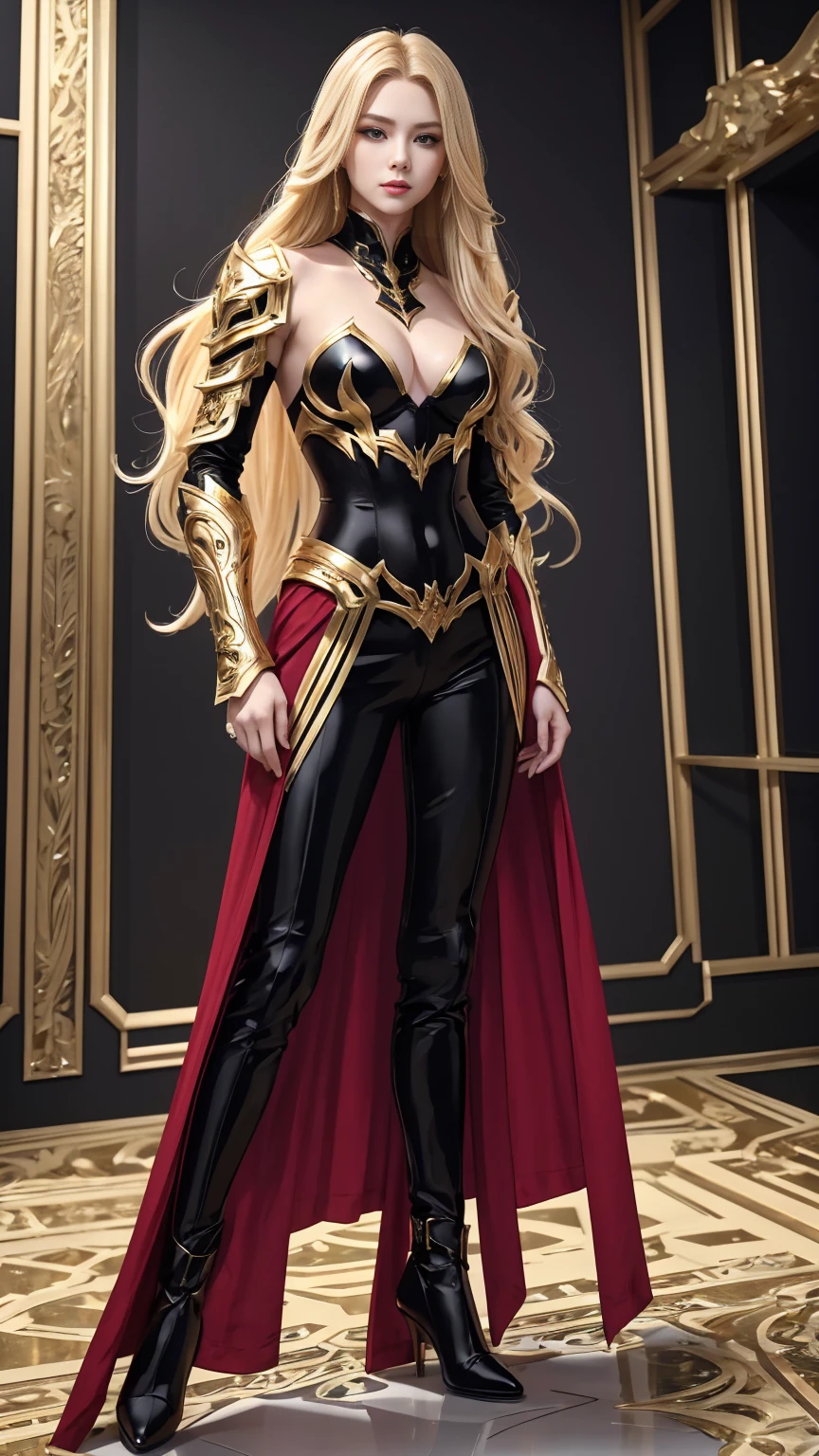 ((Full body photo, standing, feet on the ground)) ((8K, high image quality High image quality、Art: 1.4))、1 person、、Long blonde hair、gradient hair、Demon Hunter Super handsome 、Beautiful expression、Red lips, beautiful eyes with small breasts、Perfect face shape、Black and red sexy chest armor、Black and red pants and extended legs,With a large variety, golden decoration, realistic proportions、Dynamic pose、Advanced details 、complex、complex details、realistic eyes、realistic eyes、
