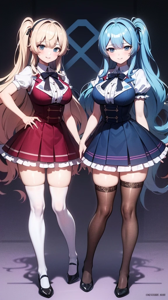 a masterpiece of two identical twin girls with cyan-blue colored hair, huge fuzzy hairstyle, cover-bangs, hazel eyes, and matching school uniforms with sexy lace accents, ribbons, and rainbow short skirts, wearing white thigh-high socks and black high heels, posing together with a seductive smile, flat color background, full body, ultra-detailed, (best quality,4k,8k,highres,masterpiece:1.2),ultra-detailed