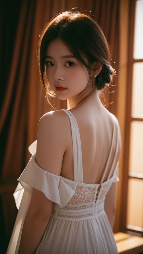 realistic,8k,film,70mm,1girl,solo,upper body,dim,backlight,, (masterpiece, best quality, ultra-detailed),