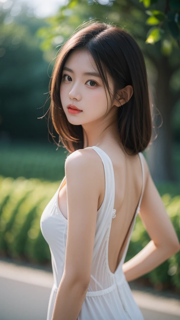 (Best quality, 8k, Masterpiece :1.3), (realistic, photorealistic: 1.37), 1girl, Pretty woman in her 30s, emphasizing slender abs :1.3, (micro lingerie , thongs) (long hair), (big breasts :1.3), Outdoors, Ultra-detailed face, Detailed eyes, Double eyelids, many eyelashes, bright red lip, (back facing), whole body, long legs, professional lighting, photon mapping, radiosity