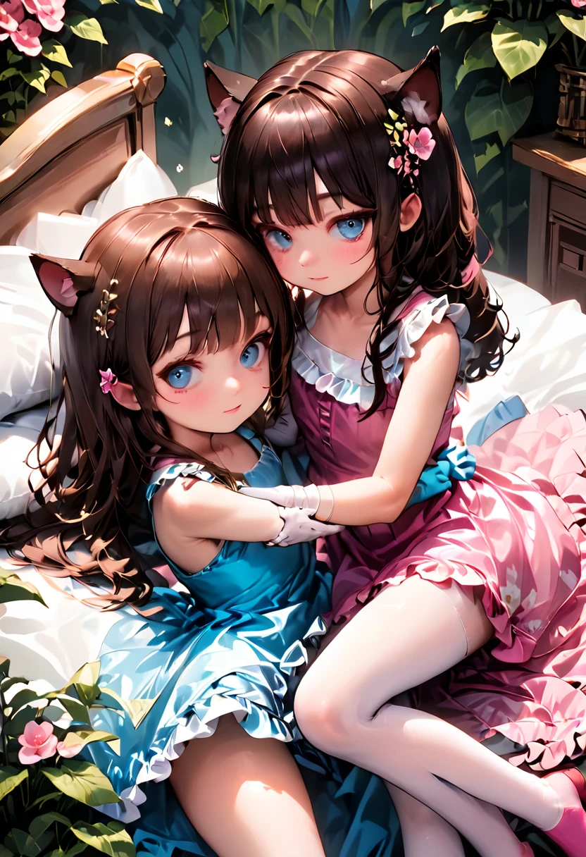 (Style-Princess) (1 man, 1 catgirl) (hetero, couple) (crossdressing, fully clothed) (brown hair, blue eyes) (portrait) (women's clothes only) (women's beautifully feminine skintight velvet floral print frilly girly pink adorable ballet leotards) (white opaque tights, no shoes) (tiaras, pink shoulder-length silk gloves:1.3) (woman's bedroom, four-poster bed) (lying down, hugging, bending knee) (intimacy, playfulness, closeness)