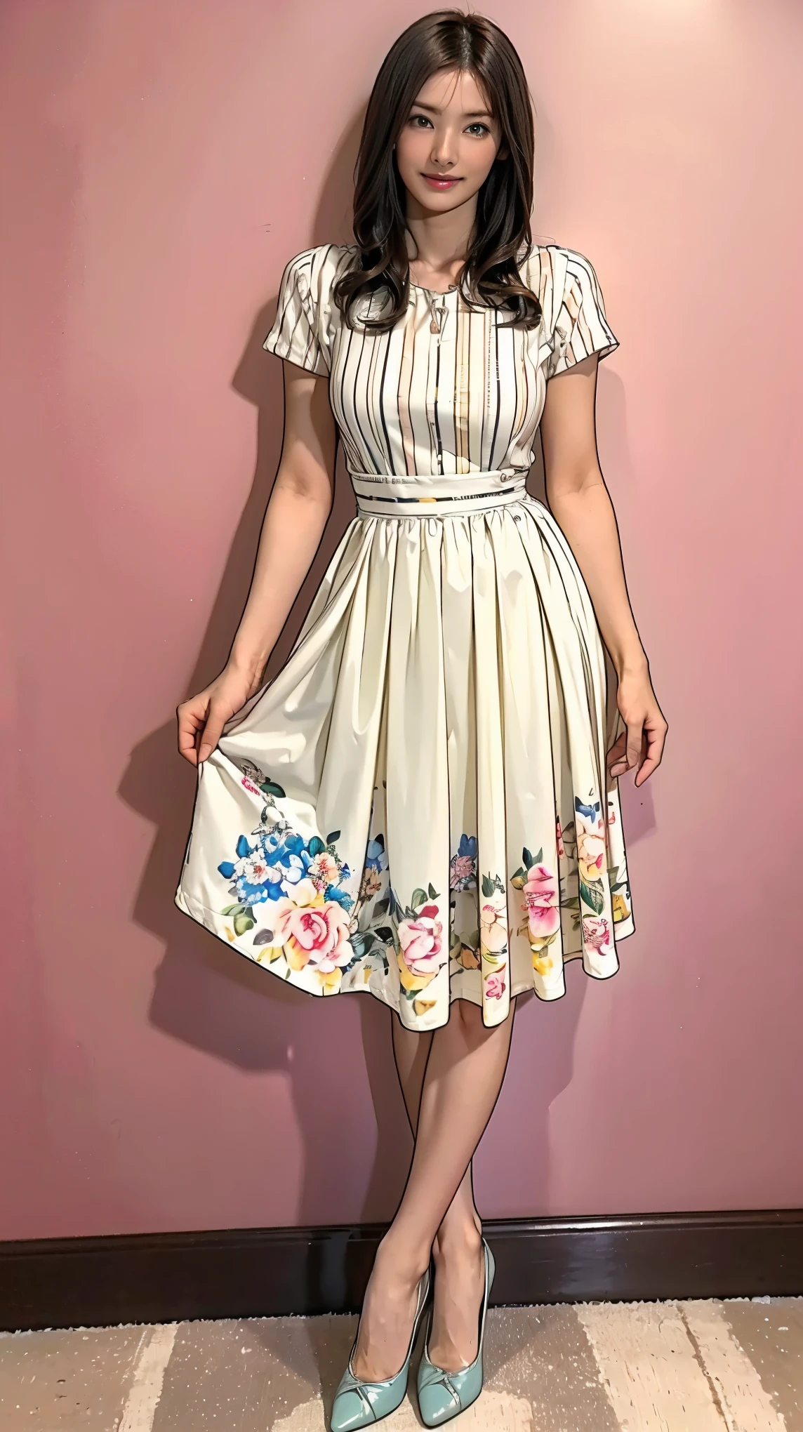 ((masterpiece)),(((Highest quality))),Thin thighs,Long legs,whole body:1.5，(One Girl:1.3),(Black high heels：1.3),(Wearing a floral striped mid-long flared skirt dress:1.2),Curly blonde hair:1.2、Model pose standing with legs apart:1.5，Bright expression:1.5