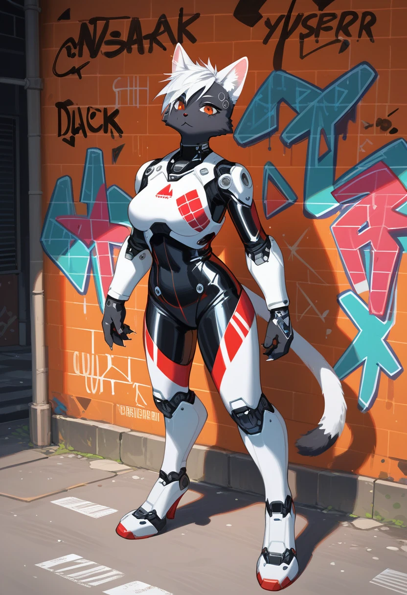 Highest quality, Highest quality, High quality illustrations, masterpiece, Ultra-high resolution, Detailed Background, In the cage, Jail, Absurd, Perfect Anatomy, performance, Good lighting, Shadows in the movies(kemono, Furry PersonifiCation), Cat, Muscle Body, White Rubber Suit, latex, neon, neonライト, neonカラー, Bodysuits, Cyber Suit, cyber punk, Rubber Mask, Harness, Earrings, Huge bulge, Hands restrained behind your back, Dynamic Angle