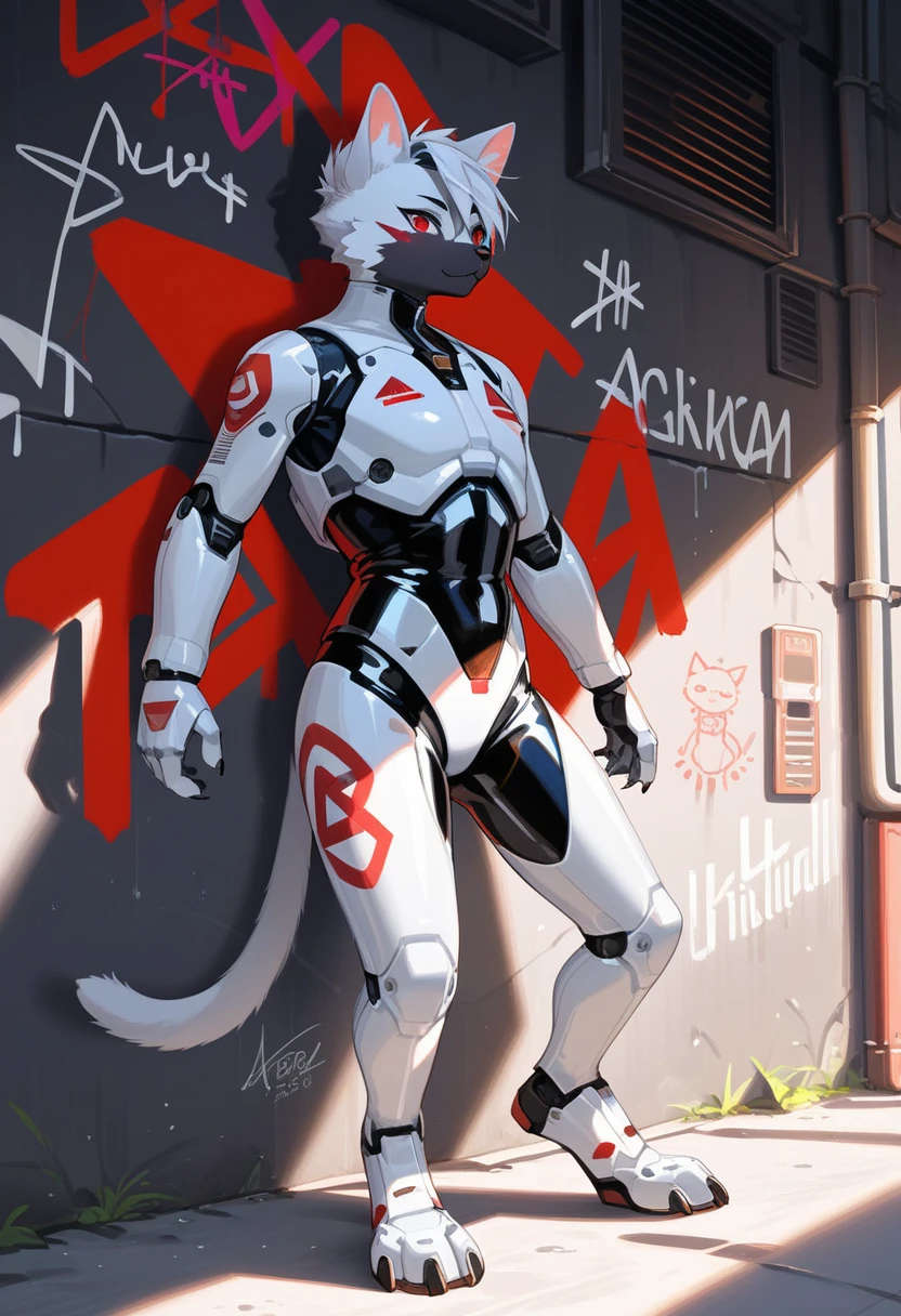 animation, Highest quality, Highest quality, High quality illustrations, masterpiece, Ultra-high resolution, Detailed Background, Alley, Graffiti art on the wall, Absurd, Perfect Anatomy, performance, Good lighting, Shadows in the movies(kemono, Furry PersonifiCation), Cat, Black Skin, White Rubber Suit, Red Pattern, latex, neon, neonライト, neonカラー, Bodysuits, Cyber Suit, Mech Suit, cyber punk