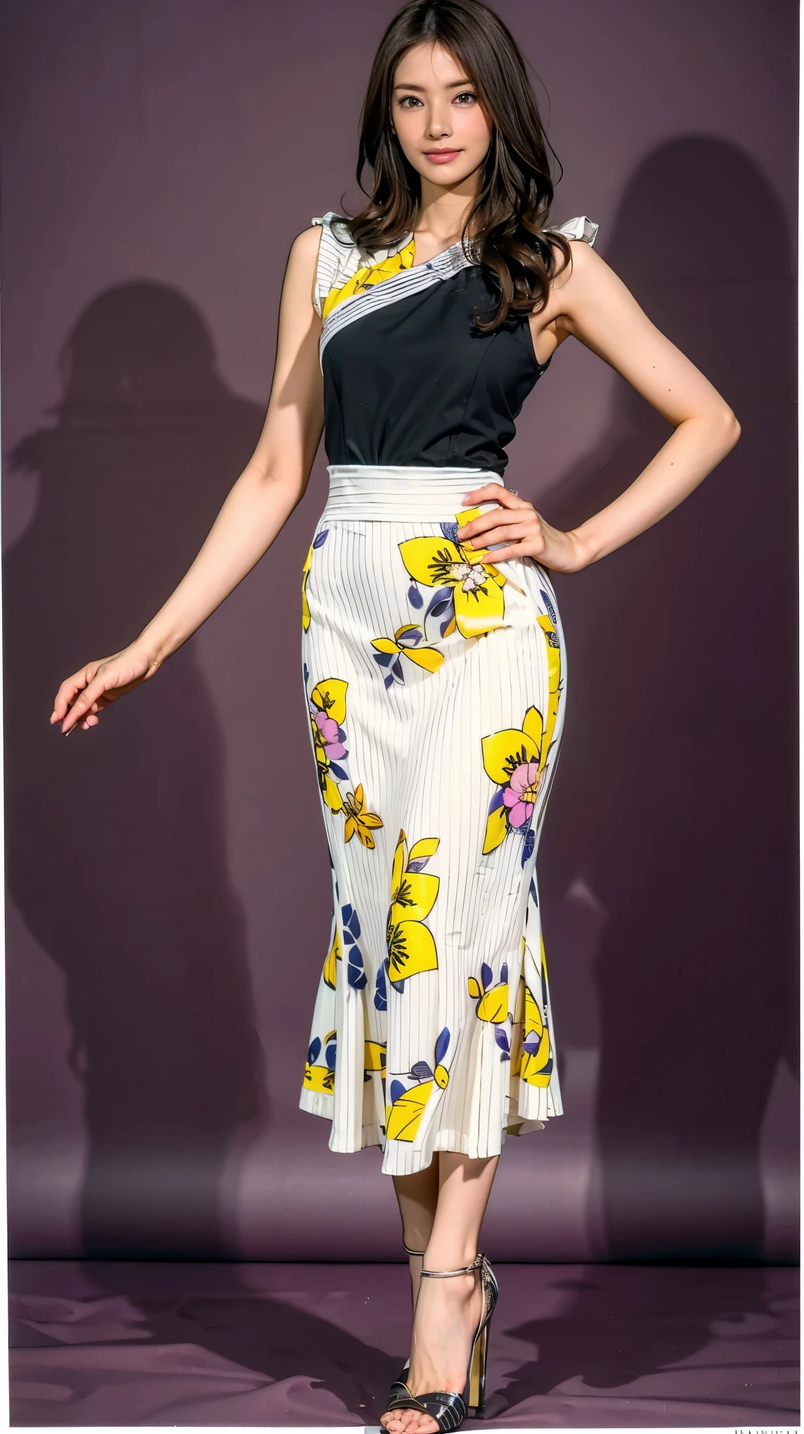 ((masterpiece)),(((Highest quality))),Thin thighs,Long legs,whole body:1.5,(One Girl:1.3),(Black high heels:1.3),(Wearing a floral striped mid-long flared skirt dress:1.2),Curly blonde hair:1.2、Model pose standing with legs apart:1.5,Bright expression:1.5