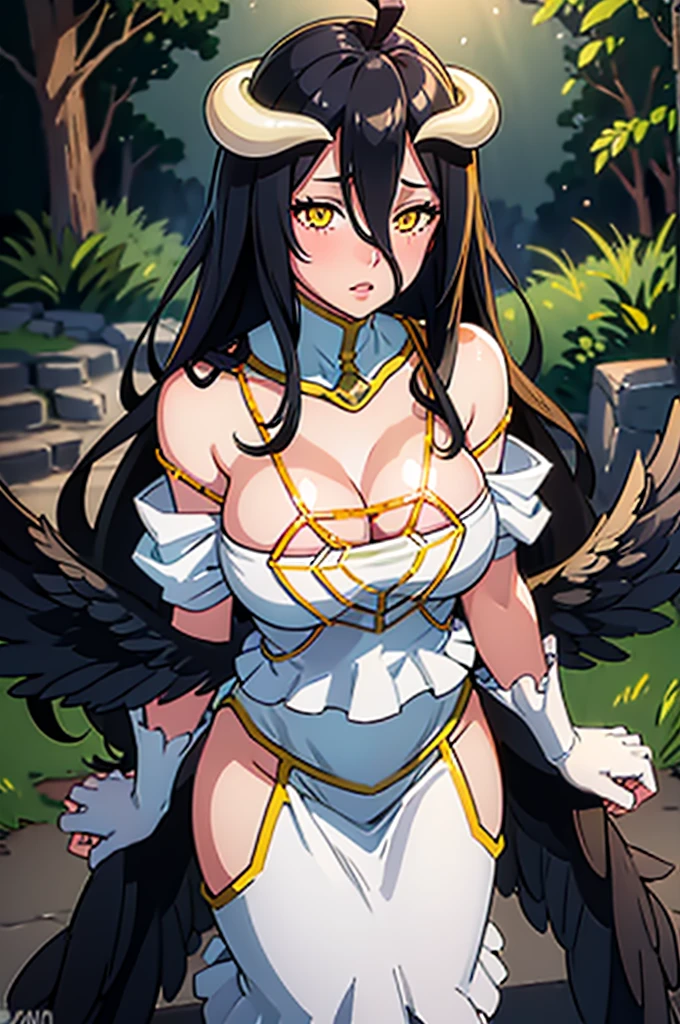 Masterpiece, Best Quality, ultra detailed, illustration, epic lighting, cinematographic composition, isometric,(Hexagon:1.2), 1 girl, horns, Alone, yellow eyes, black fur, wide, (low wings:1.2), slit pupils, neckline, bare shoulders, hair between the eyes, big breasts, (White dress:1.1), golden ornaments, detached neck, session, standing, looking at the viewer, half closed eyes, (looking at the viewer:1.1), Chapped lips, blush, In the woods, particle effects,