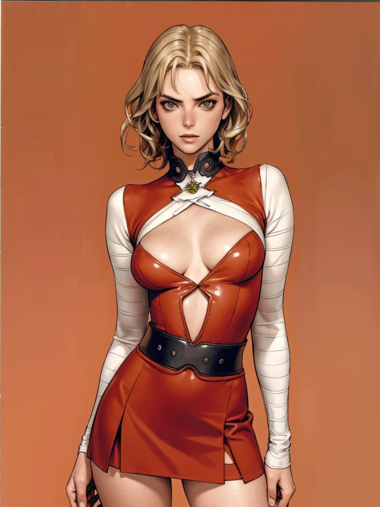 (((Annie Lennox))), ((( red dress ))), (((bandaged arms))), ((high collar)), (((Redhead or blonde))), (((micro skirt with vertical seams))), (((best qualityer: 1.4))), (Unbeatable masterpiece), (hiper HD),(CG 8k hyper-realistic), (((brave face))), (((breasts big))), (((hyper feminine))), sexly girl, Thor,（curly hair)), ((( sculptural body ))), (((1 Kizi))), Kizi cibernética de 25 anos com perfectbody,,Beautiful and well-groomed face,muscular body:1.2,solid color detailed jacket, (Head to thigh photos), Complex equipment, green dark，long pants，Tight clothes are dark，With white stars and off-white stripes,,,,,Armor Metal Electronic Parts) INFO, Kizi, (((standing alone))), pirralha violent, ((())), sexly, pose de atitude, work of art, post-apocalypse, (((manga style))), bounty hunter, violent, Manic, the way you want, slenderbody, thin but strong, perfectbody, roupa moderna, advanced technology, neon, sleeves with vertical striped pattern, neutral background, (( cowboy shot )). intricate visual