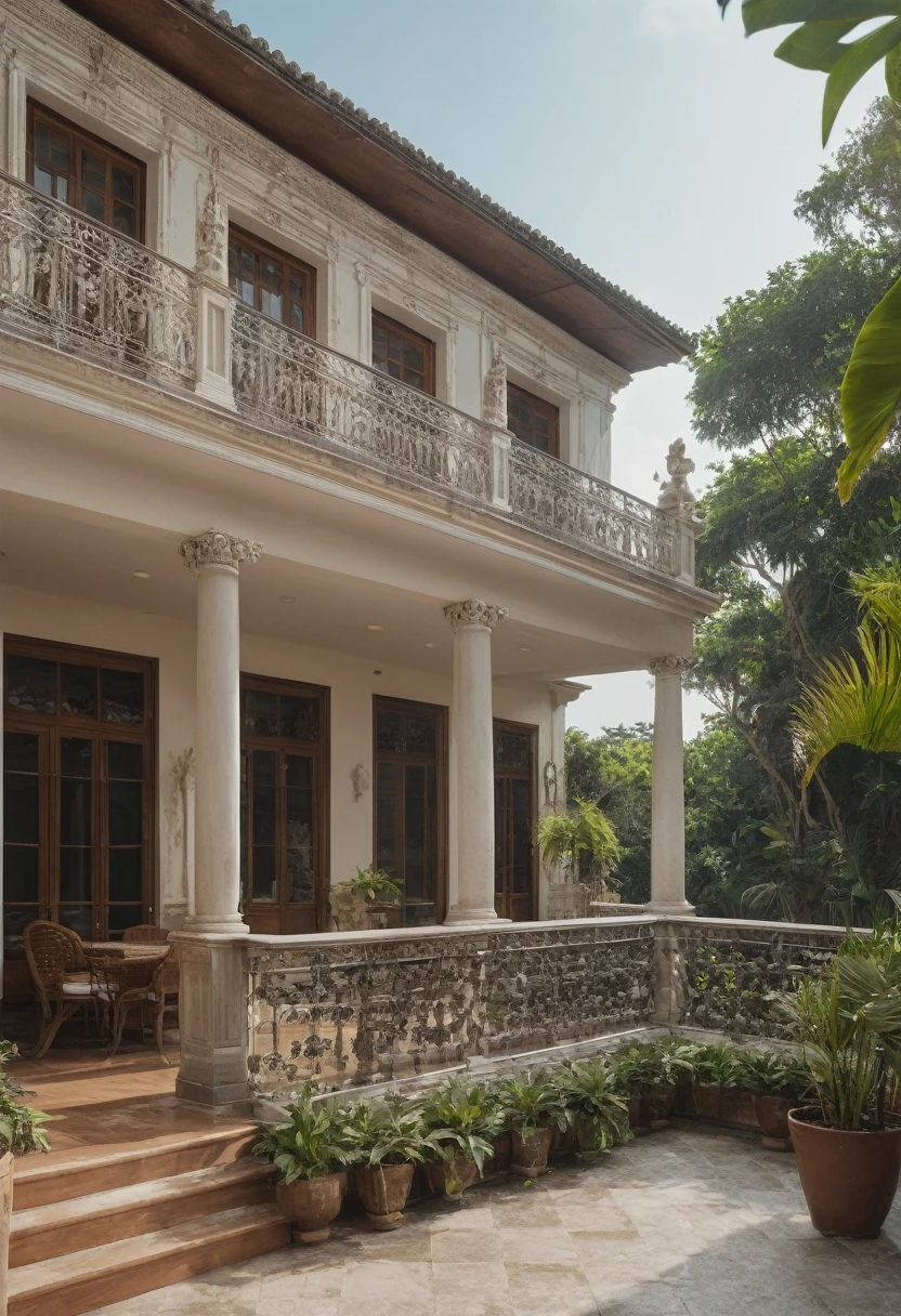 RAW photo, Masterpiece, high quality, best quality, realistic, super detailed, exterior, neoclassical hill house, neoclassical detailed design, Realistic materials, windows glass, balcony glass railing, wooden ceiling, light tones, tropical plants, daylight, Archdaily architecture, (high detail :1.2), 8k uhd, dslr, soft light, high quality , film grain, Fujifilm XT3