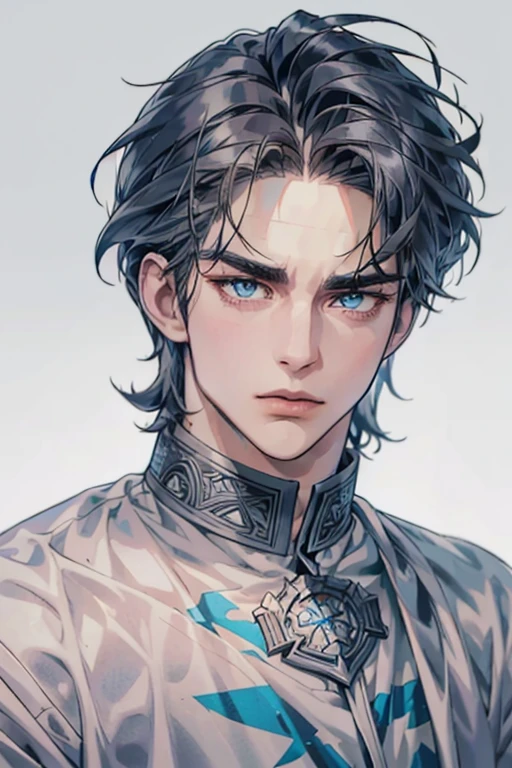 a 30 year old man, 2 day beard, handsome anime, portraits, strong, masculine, dark grey hair, sharp jawline, mesmerizing blue eyes, perfectly styled hair, cool anime outfit, confident expression, vibrant colors, dynamic lighting. (CEO and expression confident)