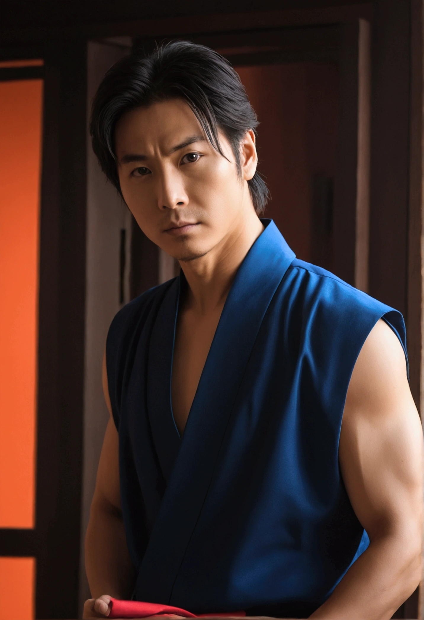 (8K, RAW photo, Highest quality), Realistic, Japanese man, frontage, Intricate details, Closed mouth, Extremely detailed eyes and eyelashes,Muscular male, Manly,l ooks away, Male focus, Solo, Open the transparent robe,Exposing the pectoral muscles,Exposing abs, full bodyesbian, Night sky, Soft lighting, Cinematic lighting, Portrait, Close-up, Lovingly
