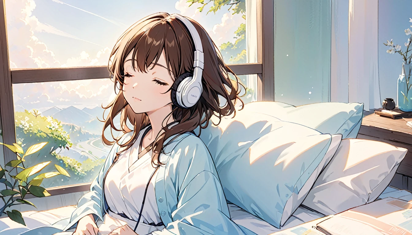 Girl wearing headphones,ベッドでrelaxして寝ている,Brown Hair,One girl,Eyes closed,relax,「Gentle morning light」