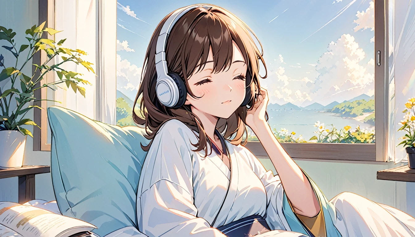 Girl wearing headphones,ベッドでrelaxして寝ている,Brown Hair,One girl,Eyes closed,relax,「Gentle morning light」