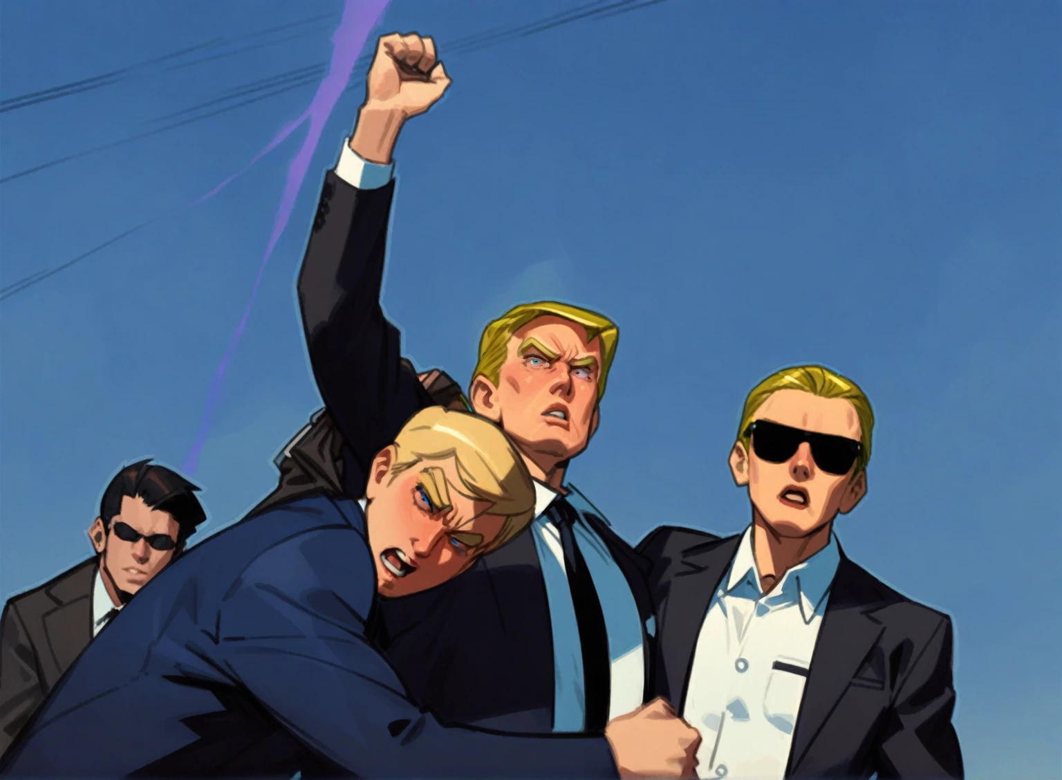 Three were wearing suits and sunglasses together, Donald Trump em《Attack on Titan》middle, Donald Trump em Fortnite, Phil Noto e James Jean, Donald Trump&#39;s, pele donald trump fortnite, victory pose, donald trump as baron harkonnen, otto schmidt, author：Chanucá Tomer, donald trump as captain america, phil noto comicbook cover art