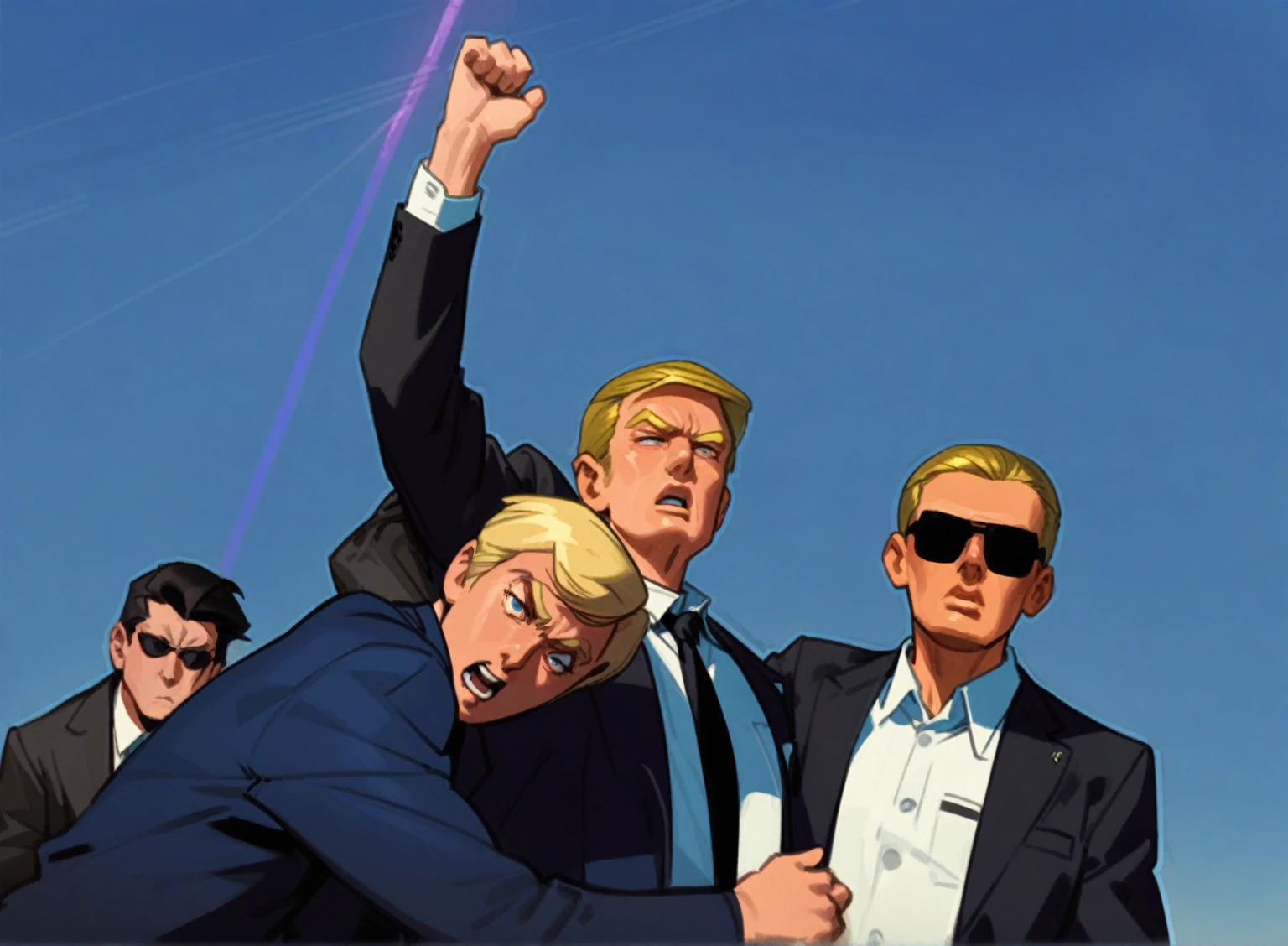 Three were wearing suits and sunglasses together, Donald Trump em《Attack on Titan》middle, Donald Trump em Fortnite, Phil Noto e James Jean, Donald Trump&#39;s, pele donald trump fortnite, victory pose, donald trump as baron harkonnen, otto schmidt, author：Chanucá Tomer, donald trump as captain america, phil noto comicbook cover art