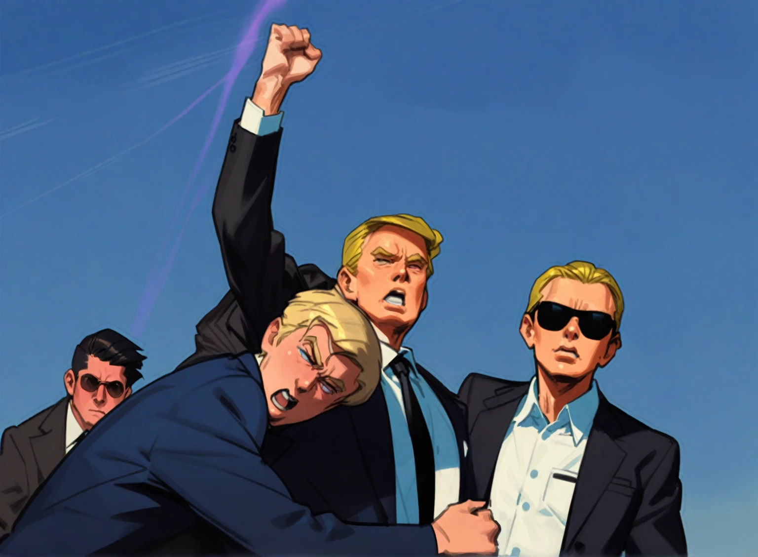 Three were wearing suits and sunglasses together, Donald Trump em《Attack on Titan》middle, Donald Trump em Fortnite, Phil Noto e James Jean, Donald Trump&#39;s, pele donald trump fortnite, victory pose, donald trump as baron harkonnen, otto schmidt, author：Chanucá Tomer, donald trump as captain america, phil noto comicbook cover art