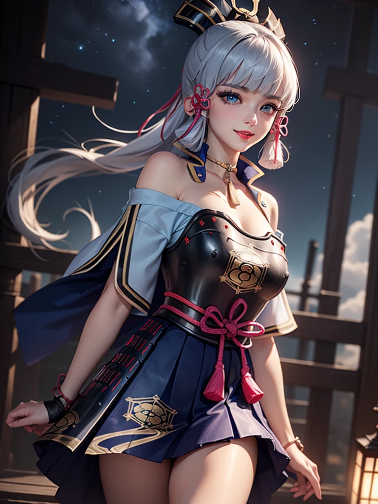((masterpiece)),(bestquality),((ultra-detailed)), ((beautiful detailed sky)), ((cinematic lighting)), depth of field, (dynamic angle),detailed lighting,((beautiful detailed eyes)), (night sky view), red lip, smile,eyeshadow,large breast, cleavage, ((bare arm, short skirt , off shoulders, sexy)), ((kamisatoayakadef))