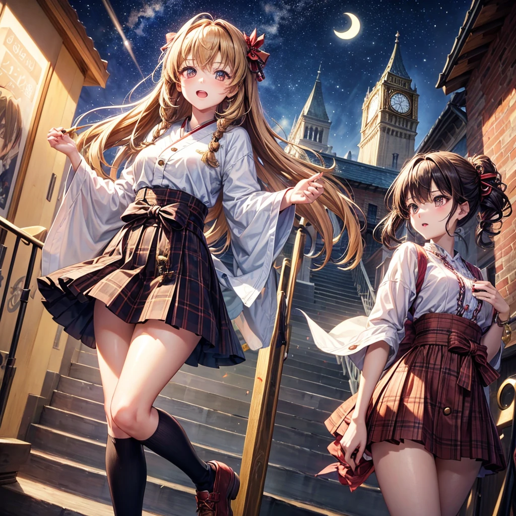 Brown and gold hair、Red gold eyes、Hair tied up、One good looking girl、solo、anime、Checkered mini skirt、Ruffles on the skirt、T-Shirts、Kimono、button、Black knee-high socks、Ribbon、Ribbon on waist、Teeth are visible、Starry Sky、Midnight Moon、Confetti、Brick construction、Legendary Sword、A crow is flying、clock tower、Spiral staircase