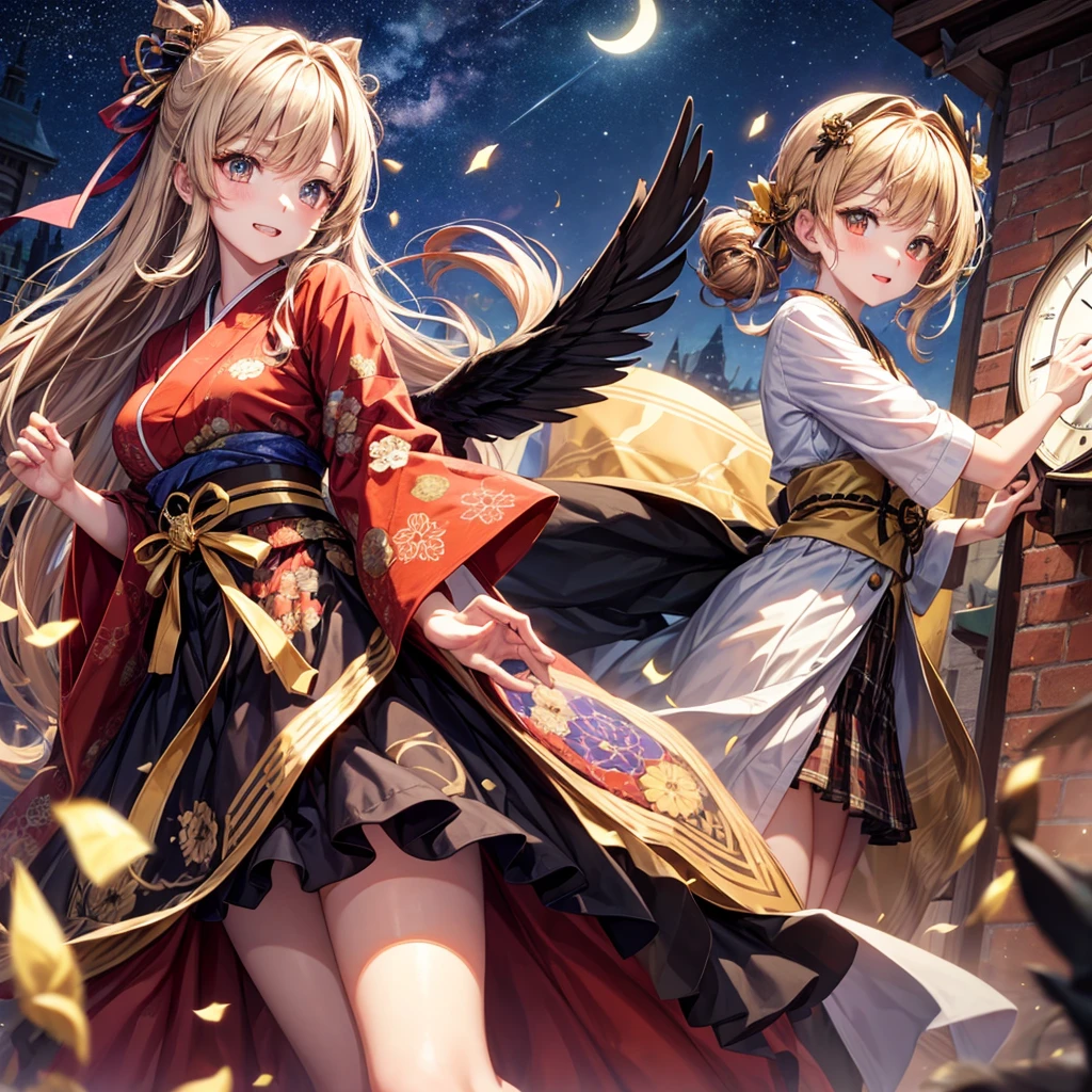 Brown and gold hair、Red gold eyes、Hair tied up、One good looking girl、solo、anime、Checkered mini skirt、Ruffles on the skirt、T-Shirts、Kimono、button、Black knee-high socks、Ribbon、Ribbon on waist、Teeth are visible、Starry Sky、Midnight Moon、Confetti、Brick construction、Legendary Sword、A crow is flying、clock tower、Spiral staircase