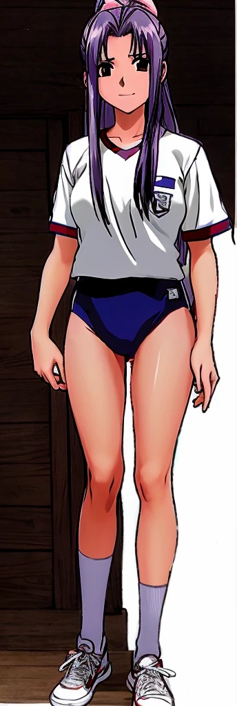 Momoko Koigakubo, a tall girl with beautiful legs, is standing with a smile on her face in a white gym uniform and light navy blue bloomers that look like panties.。Momoko Koigakubo is holding a second-grade boy wearing a tracksuit next to her.。