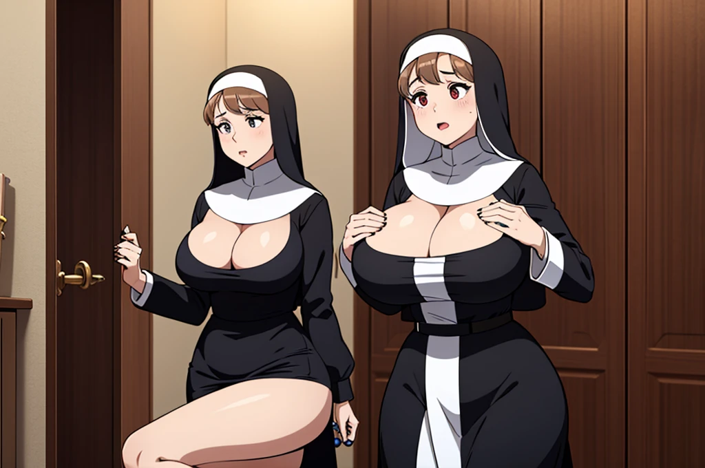 ariana grande in closet, pews in background, sexy nun outfit, big breasts, (big breasts:1.2), cleavage, holding prayer beads, and demon ,raping nun