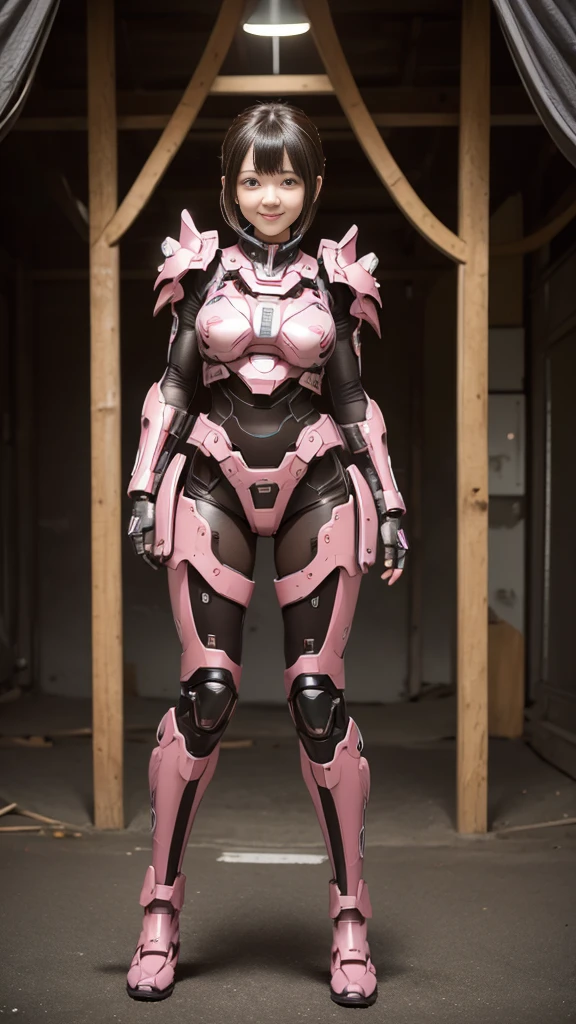 Textured skin, Very detailed, Attention to detail, high quality, 最high quality, High resolution, 1080P, hard disk, beautiful,(Terminator),beautifulサイボーグ女性,pink mecha cyborg girl,Battle Mode,Girl with a mechanical body,She is wearing a weaponized combat cyborg mech,Full Body Shot　bare hands　Boyish short hair　Berry Short　Brown eyes　Black Hair　Kindergarten girl　Steam coming out of the head　cute　smile