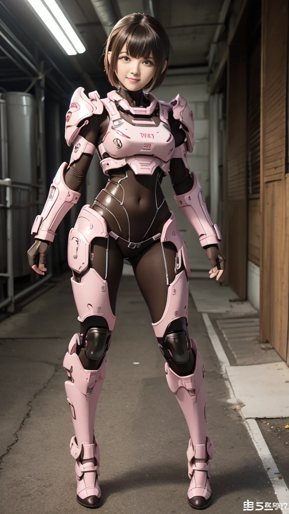 Textured skin, Very detailed, Attention to detail, high quality, 最high quality, High resolution, 1080P, hard disk, beautiful,(Terminator),beautifulサイボーグ女性,pink mecha cyborg girl,Battle Mode,Girl with a mechanical body,She is wearing a weaponized combat cyborg mech,Full Body Shot　bare hands　Boyish short hair　Berry Short　Brown eyes　Black Hair　 girl　Steam coming out of the head　cute　smile