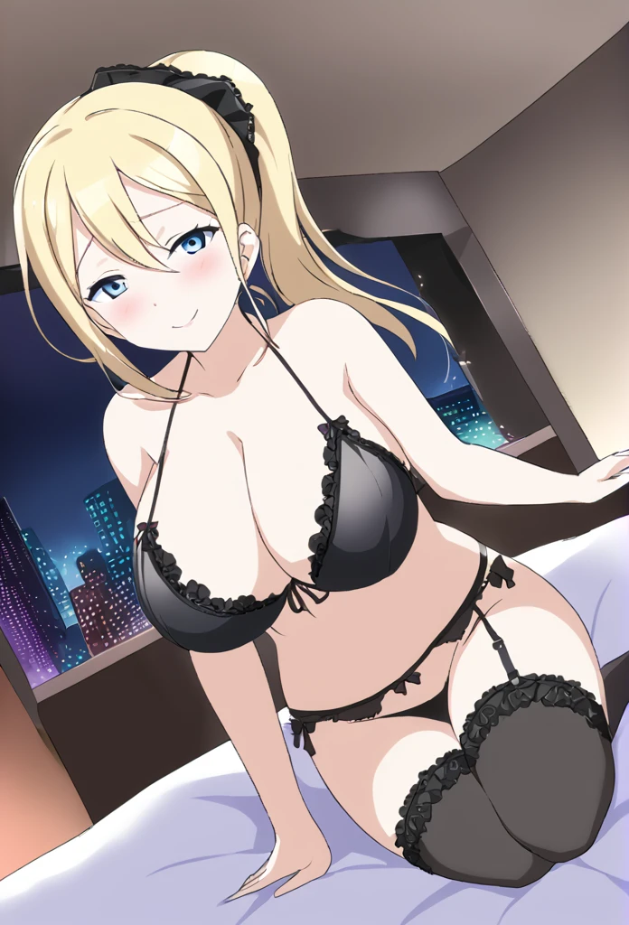 Eri Ayase　Blonde　Light blue eyes　ponytail　Frill light blue negligee　Black garter belt　smile　Huge breasts　Suite Room　Lying in bed　Dark Room　City night view　Seduce　ＴBlack panties in front