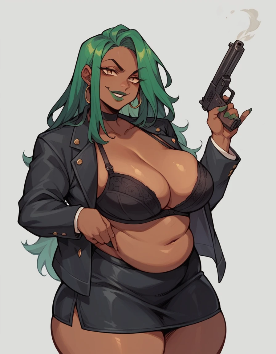 beautyfull woman, long green hair, long hair, african skin, green lipstick, black skirt, black bra, black chocker, black jacket, chubby, evil smile, holding a big gun
