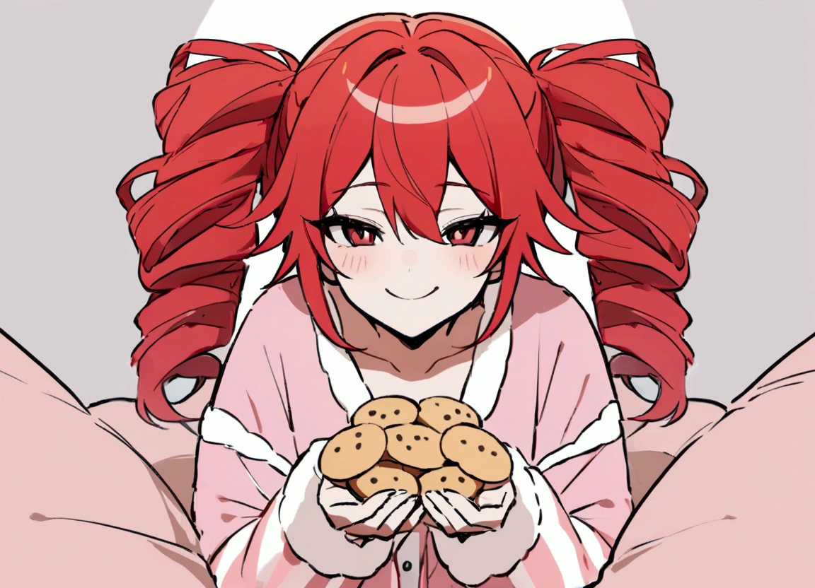 Red hair, smiles, wears loungewear, eats tons of cookies,