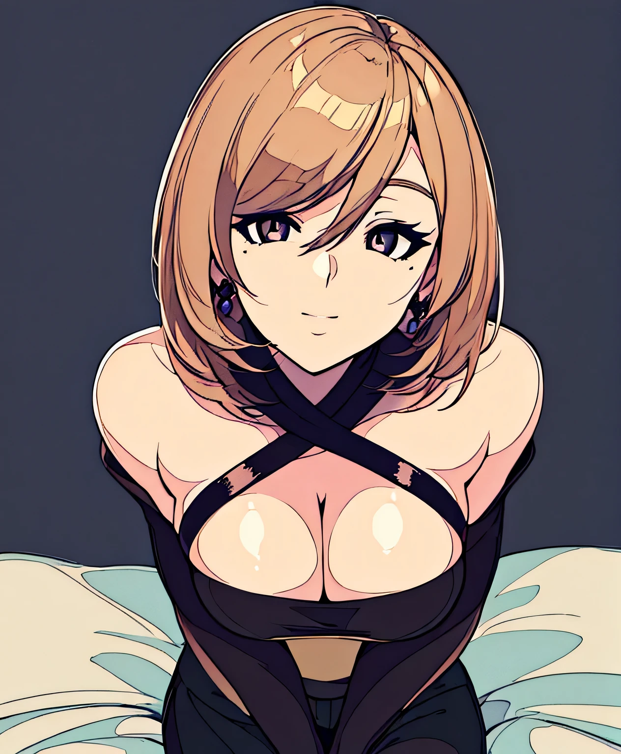 (short hair woman), (off-shoulder sweater, oversized sweater), (hiden short pants), (cross-legged sitting, hands lying on thighs), on bed, medium breasts, deep cleavage, best quality, masterpiece, illustration, very delicate and beautiful, very detailed skin, CG, Unity, 8K wallpapers, amazing, fine detail, highly detailed CG Unity 8K wallpapers, huge file size, high resolution, handsome detailed woman, very detailed eyes and face, Stunning detailed eyes, light on the face, (Best illustration: 1.1), (best shadow: 1.1), ultra high resolution, (photorealistic: 1.1), (photorealistic 1.2:1.1), realistic face proportions,slim,smile,(fluffy black eyes: 1.21), black eyes, looking at the viewer, dark brown hair, earrings, necklaces, hairpins, full body shots, (irregular skin imperfections,veins,moles,skin wrinkles,pores: 1.2), (dark night background: 1.2), (bokeh: 1.4),