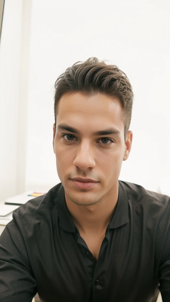young businessman,  proportional body, epic model, director's desk background, casual executive clothes