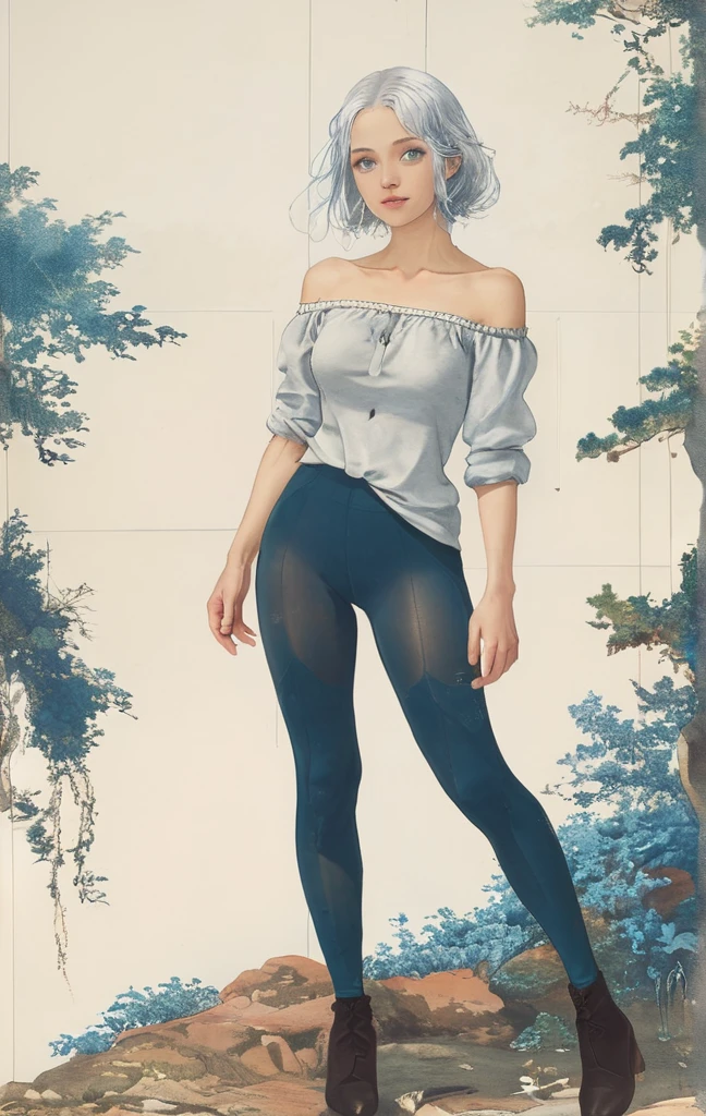 woman,Silver Hair,blue eyes,Full Body Tights,Crop shirt,Off the shoulder,white,art, アニメ,figure
