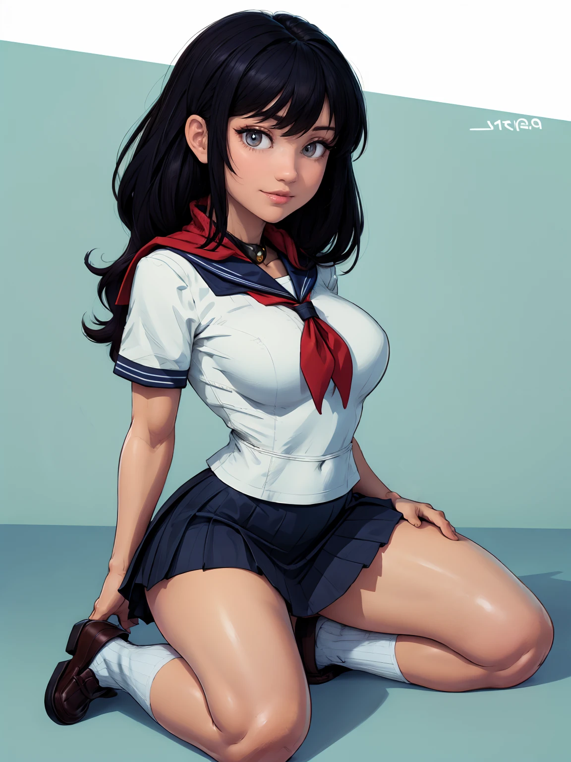 (超High resolution,4K,Very detailed, photograph, 8k, High resolution, High resolution, Absurd:1.2),18 year old Japanese female,expensive,Long black hair,Beautiful character design,Beautifully detailed eye depiction,Perfect Face,Expressive eyes,Brown eyes,Please smile with your teeth showing,(Short sleeve, Cute white sailor suit, Dark blue pleated skirt, Navy sailor collar, Sailor scarf, socks, Brown Loafers:1.1),(Don&#39;t tuck your sailor uniform into your skirt:0.5),(Huge breasts:1.6),(See-through bra:0.3),Tight waist,In the living room,Daytime,Cowboy Shot
